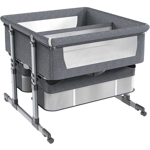 Twin Bassinet,Cosleeper Bassinet Bed Side Baby Bassinet with Storage Basket 6 Height Adjustable Anti-Emesis Side Sleeper Bassinet for Baby 1 to 36 Months Grey
