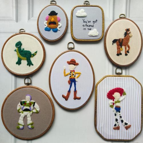 Nostalgic Childhood Toy Inspired Needle Felted Wall Art Set | Cowboy, Cowgirl, Space Ranger, Dinosaur and Mr.Potatohead Hoops