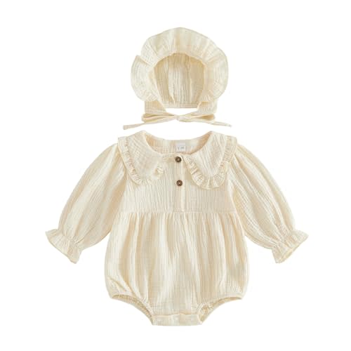 Newborn Coming Home Outfit Baby Girl Muslin Romper Bodysuit with Hat