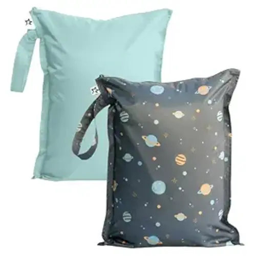 Tiny Twinkle Mess Proof Wet Bags | 2-Pack Reusable Waterproof Wet Bags for Swimsuits | Baby Clothes | Travel & Diaper Bag (Space, Ice Blue)