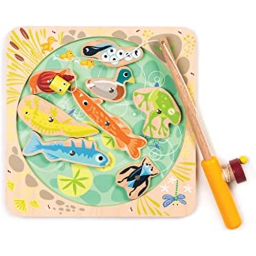 Tender Leaf Toys - Pond Dipping - Wooden Magnetic Fishing Toy for Kids - Length Adjustable Fishing Rod and 8 Pond Animals with Numbers at the Back - Develops Fine Motor Skills, Early Learning - Age 3+