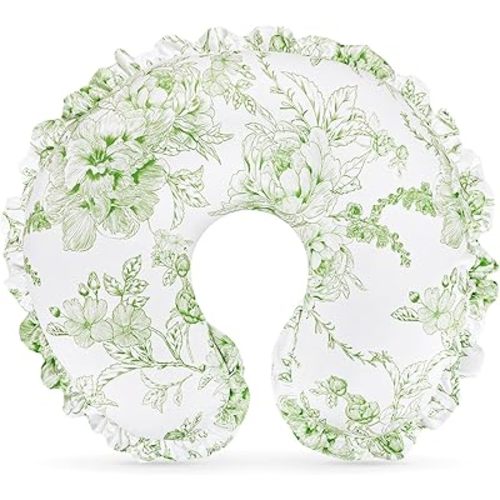 DILIMI Nursing Pillow Cover, Removable Ruffled Pillowcase for Breastfeeding Pillows, Ultra Soft Comfortable Slipcover for Baby Girl and Boy, Green Floral