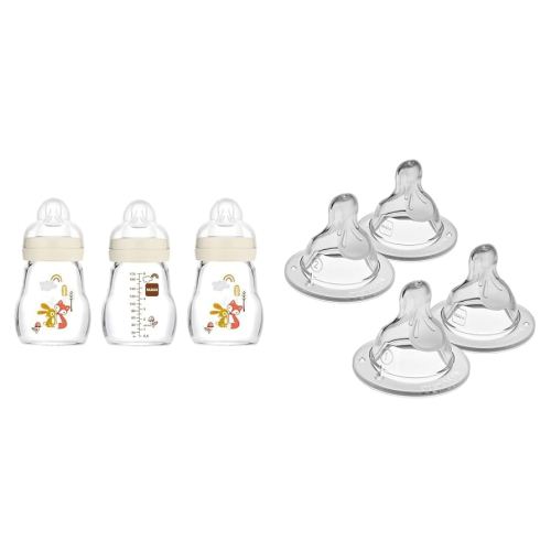 Mam Feel Good Glass Bottles, 5oz, 0+ Months, 3 Pack - Mixed Flow Nipples: Level 1 Slow, Level 2 Medium (4 Pack)
