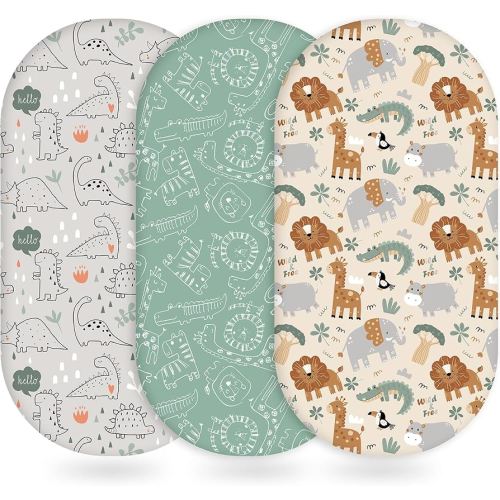 Baby Bassinet Sheets Girl Boy, Fitted Bassinet Sheet Set 3 Pack Bassinet Mattress Sheets Universal Fit for Rectangle, Round, Oval, Hourglass Mattress, Soft Breathable Green & Apricot Lion