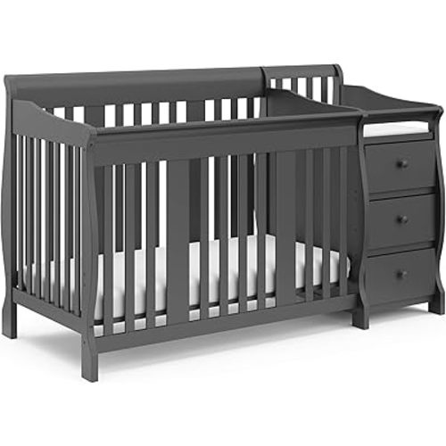 Storkcraft Portofino 5-in-1 Convertible Crib and Changer – Crib and Changing Table Combo with Drawer, Converts to Toddler Bed, Daybed and Full-Size Bed, Storage Drawer (Gray)