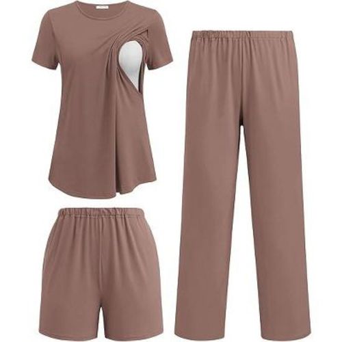 Ekouaer 3 Piece Maternity Pajamas Set Postpartum Nursing Short Sleeve Breastfeeding Sleepwear Pregnancy Shorts & Pants Pjs Brown L