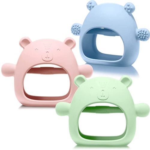 3 Pack Baby Teether Teething Toys for Babies 0-6 Months Baby Teething Toy Silicone Anti Dropping Infant Hand Teether Pacifiers Wrist Hand Chew Toys for Sucking Needs (Pink, Blue, Green, Bear)