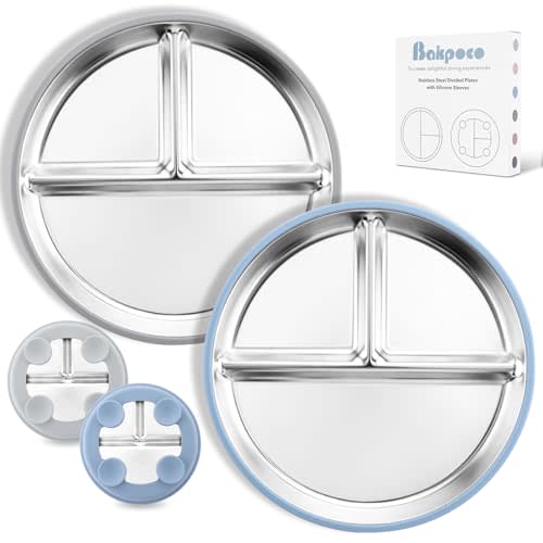 Bakpoco Stainless Steel Toddler Plate with Suction, 9 Divided Plates with Removable Silicone Sleeves for Kids, Non Toxic & BPA Free | Non Slip | Unbreakable Baby Snack Dishes Set of 2, Blue & Gray