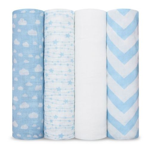 Comfy Cubs Muslin Swaddle Blankets Pack of 4, Large 47" x 47", Soft Cotton Multipurpose Wraps - Blue