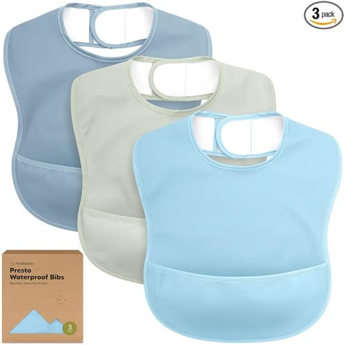 KeaBabies 3-Pack Waterproof Baby Bibs for Eating - Lightweight Toddler Feeding Bibs with Large Food Catcher, Mess Proof, Food-Grade Baby Eating Essentials, Easy to Put On & Clean (Ocean)