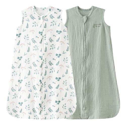 david's kids Muslin Cotton Baby Sleep Sack 0-6 Months, 2 Pack 100% Cotton Sleeping Bag for Summer, TOG 0.5 Baby Wearable Blankets with 2-Way Zipper, Soft Sleep Sacks for Newborn Infant, Forest