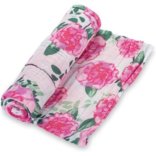 LollyBanks Baby Swaddle Blanket, 100% Cotton Muslin Blankets for Girls, 47 x 47 Inches Soft and Breathable Swaddles for Newborns, Gentle Baby Wrap Swaddle, Baby Essentials, Registry (Peony Print)