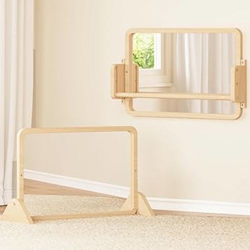 Woodtoe 3-in-1 Montessori Mirror with Bar, Adjustable Toddler Mirror & Pull Up Bar, Montessori Learning Toy for Baby 6-18 Months, Nursery Mirrors, Natural Wood Furniture for Daycare, Kids Classroom