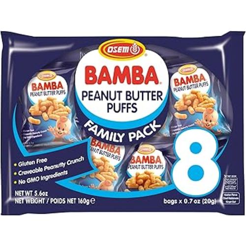 Osem Bamba Peanut Snacks for the Family - All Natural Peanut Puffs (Pack of 8) 0.7oz bags - Only 4 Ingredients - Peanut Butter Puffs made with 50% peanuts.