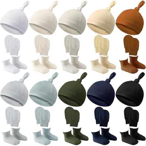 10 Set Newborn Baby Socks Hat and Mittens Soft Ankle Sock Newborn Beanie Mitten for Boys Girls 0-6 Month Infant