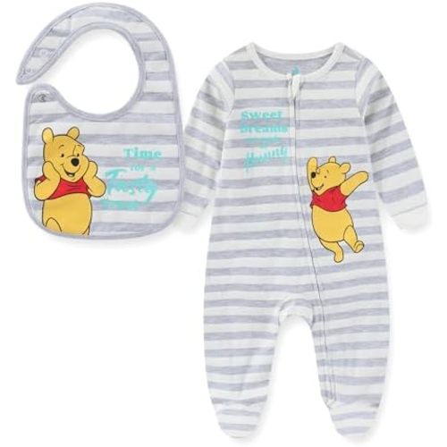 Disney Winnie the Pooh Baby Boys Long Sleeve Footies Coverall Romper With Bib for Newborn and Infant