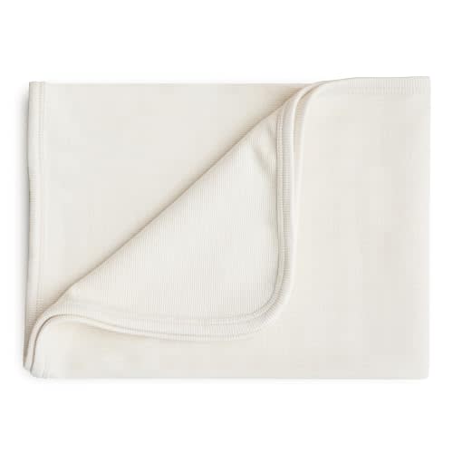 mushie Extra Soft Baby Blanket | Cotton and Elastane Ribbed Receiving Blanket, Swaddle, Stroller | 35x35 Inch (Ivory)
