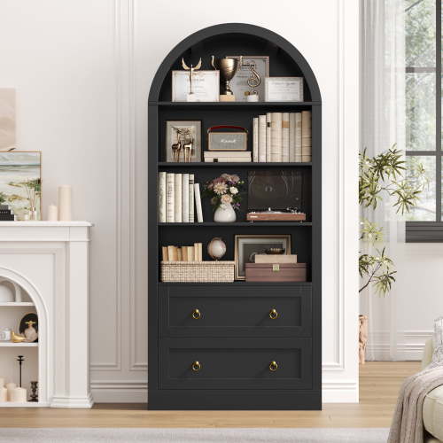 Hiphuta 70"Tall Arched Bookshelf, 4-Tier Bookcase with 2 Large Drawers, Wooden Display Shelf with Storage for Living Room Home Office, Black