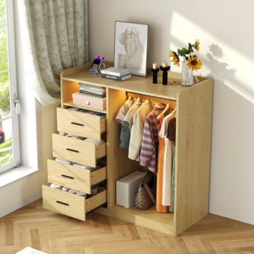 Modern 4-Drawer Wardrobe Closet Organizer with LED Lights & Charging Station, Hanging Rack & Open Shelves for Bedroom & Living Room Storage Furniture