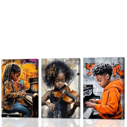 YMXDYMJSW 3 Pieces Black Music Wall Art Black Boy Girl Playing Piano Violin Pictures African American Children Canvas Prints Jazz Poster for Kids Room Decor Frame (11.00" x 14.00" x 3PCS)