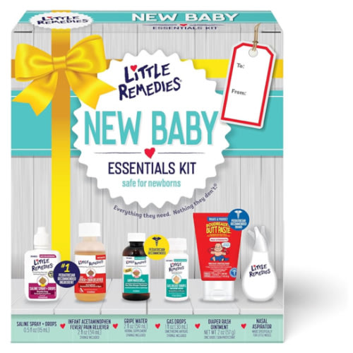 Little Remedies New Baby Essentials Kit with Saline Nasal Spray, Diaper Rash Cream, Gas Relief Drops, Gripe Water & More, Safe for Newborns