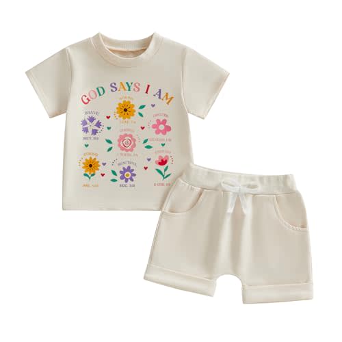 Fernvia Toddler Baby Girl Summer Clothes Floral Letters Print Short Sleeve T-Shirt Tops Solid Shorts Outfit Set