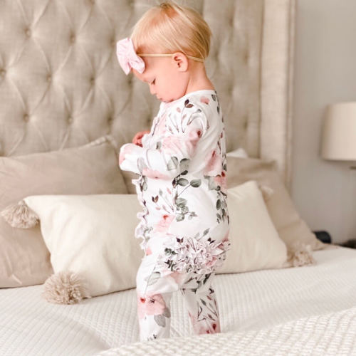Millie's Dusty Rose Floral Zipper Ruffle Footie