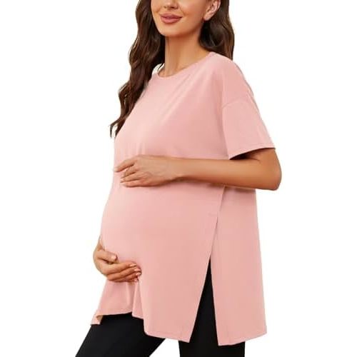 Liu & Qu Womens Maternity Shirts Short Sleeve Split Side Casual Pregnancy Clothes Crewneck Loose Maternity Tops