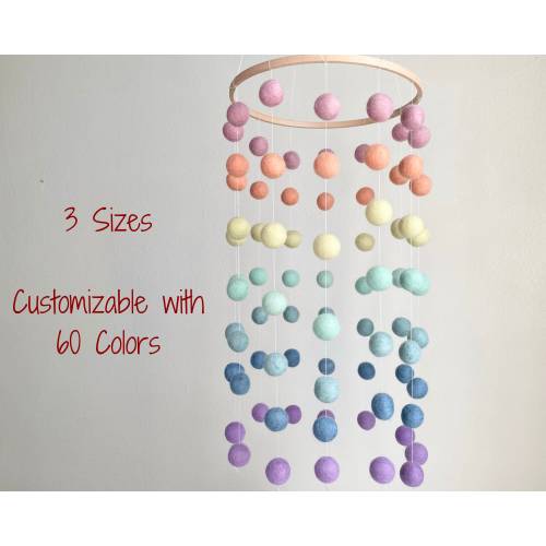 Pastel Rainbow Felt Ball Baby Ceiling Mobile - Soft Tone Noahs Ark Nursery - Children Room Nursery Decor - Custom Baby Shower Gift - DIY Opt