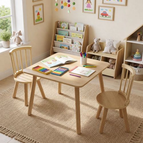Kids Table and Chairs 3-Piece Set with Pine Wood Frame, 23.5 Inch Square Play Table, Natural