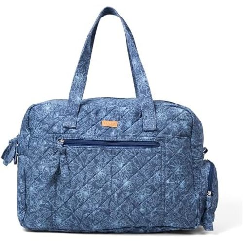 Staya Quilted Women’s Weekender Bag, Soft Cotton Travel Duffle Carry-On Overnight Bag – Indigo Petals