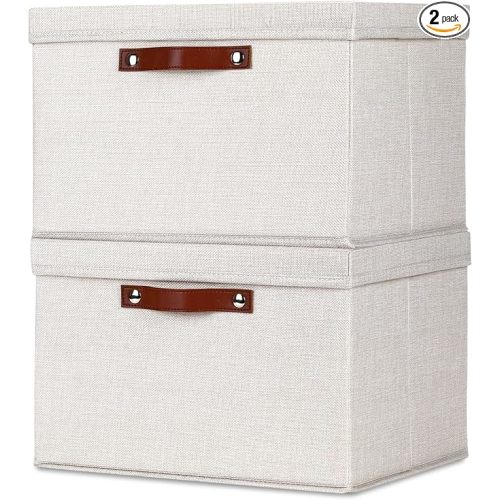 Temary Storage Bins with Lids 2-Pack Large Foldable Storage Baskets with Lid, Fabric Storage Bin for Organizing Home (Beige, 15x11x9.5inch)
