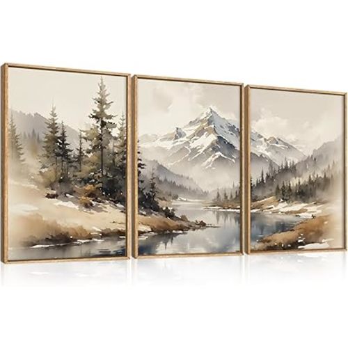Ausril Watercolor Misty Mountain Framed Canvas Wall Art Set, Foggy Pine Tree Wall Decor, Winter Landscape Wall Painting, Nature Snowy Scene Art Print for Living Room, Bedroom, Office - 24"X36"X3