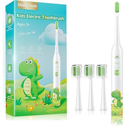 Kids Electric Toothbrush Rechargeable Age 3-5-6-12-18 Year Old, Dinosaur Toothbrush for Kids with Timer 3 Modes 4 Vibrating Heads Habit Stickers 31000VPM Boys Electric Toothbrush (Dinosaur White)