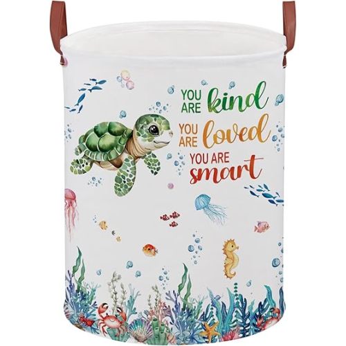 Turtle Kid Laundry Basket 45L,Ocean Themed Bedroom Decor Baby Clothes Hamper,Fish Under The Sea Nursery Decor Beach Pool Towel Storage Bin Pool Toy Box (Blue)