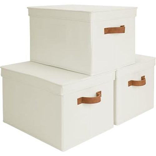 StorageWorks Storage Bins with Lids, Decorative Storage Boxes with Lid and PU Handles, Foldable Storage Baskets for Closet, Shelves, Stackable, Ivory, Jumbo, 3-Pack