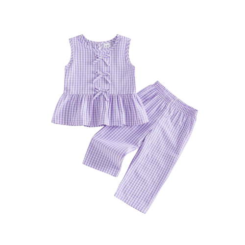 Loicainy Toddler Kids Girl Summer Outfits 12 18 24 Months 2T 3T 4T 5T Plaid Print Bow Tie Front Tank Tops Elastic Waist Long Pants 2 Pcs Clothes Set