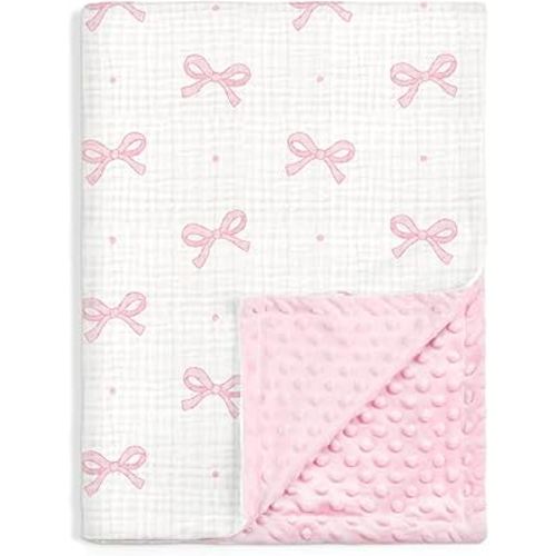Bow Baby Blankets for Girls, Soft Nursery Minky Blankets with Muslin and Dotted Fleece Back 30x40 inches, Receiving Bed Quilt for Newborn, Infants, Toddlers