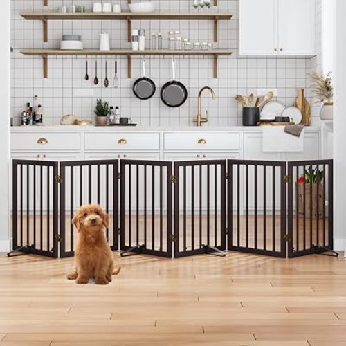 Dog Gates for the House Doorways Extra Wide 110 Inches Wood Freestanding Pet Gates for Dogs Indoor Fence with Support Stands