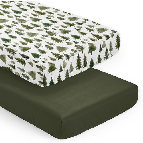Sweet Jojo Designs 2-Piece Baby Crib Sheets Set (Green Woodland Tree) for Boys or Girls, Infant Nursery, Toddler Room - Standard Size (Neutral, Solid, Forest Pine Trees, Wilderness, Christmas Fir)