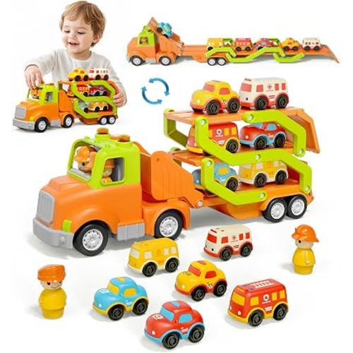Veslier Toddler Toys for 2 3 4 5 Years Old Kids, Transport Car Carrier Truck Toy with 6 Vehicle, 30in Foldable Track Trailer with Light & Sound Effects, Birthday Gift for 18 Months to 5 Years Old Boys