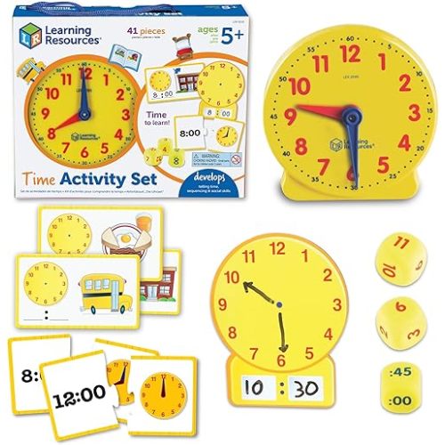 Learning Resources Time Activity Set – Teaching Clocks for Kids, Teacher Classroom Must Haves, Elementary School & Montessori Activities, Math Manipulatives, Time Flash Cards, Gifts for Boys and Girls