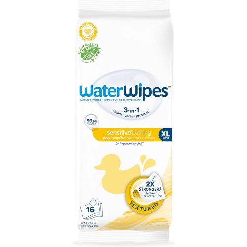 WaterWipes Sensitive+ Bathing Wipes, 3-In-1 Cleans, Cares, Protects, 99.9% Water, Unscented & Hypoallergenic, 16 Count (1 Pack)