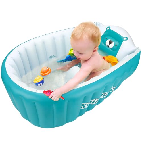 SHXKUAN Inflatable Bathing Tub for Toddler,Non Slip Safety Thick Cushion Central Seat,Portable Travel Seat Baths Baby Swimming Pool for 0-5 Year(Blue)