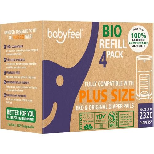 Babyfeel BIO Refills Compatible with DEKOR PLUS Diaper Pails | 100% Compostable | 4 Pack | 50% Extra Thickness | Compost Refill bags with Running Low Indicator | Powerful Odor Control | Fragrance-free