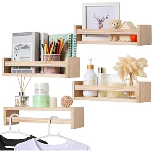 Suzile Set of 4 Nursery Book Shelves Floating Bookshelves Nursery Shelves for Wall Book Shelf Organizer Bathroom Storage Rack for Wall Decor(16 in,Natural Color)