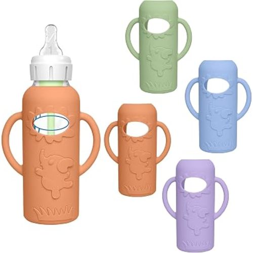 4 Pack Silicone Sleeves for Dr. Brown's Glass Baby Bottles -Drop Protection Easy-Grip Baby Bottle Sleeves Holder with Handles, Compatible with Dr. Brown's Newborn Glass Bottles 8 oz/250 mL