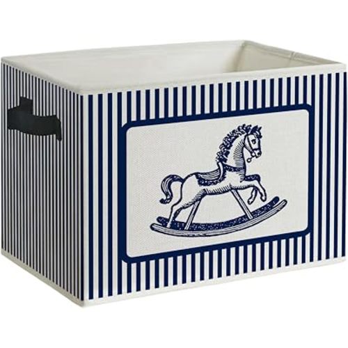 Blue Rocking Horse Nursery Storage Basket with Handles, Kids Playroom Striped Collapsible Clothes Toys Books Storage Organizer Bins for Kids Toddler Girl Boy Nursery Room Bedroom Bathroom