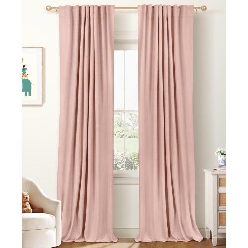 100% Blackout Shield Linen Blackout Curtains for Bedroom 102 Inches Long, Back Tab/Rod Pocket Living Room Drapes, Thermal Insulated Blackout Curtains 2 Panels Set, 50" W x 102" L, Blush Pink