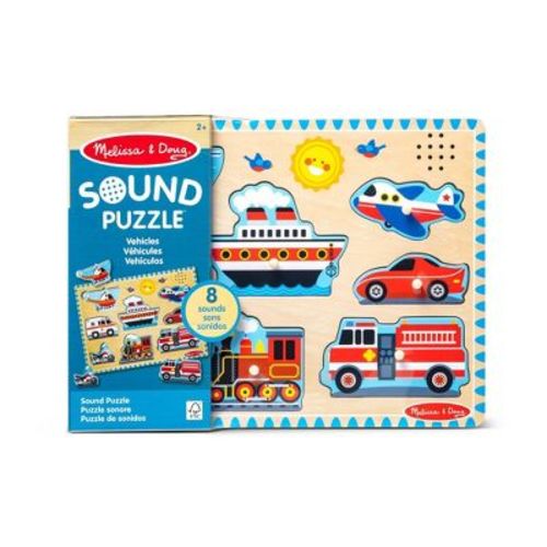 Melissa & Doug Vehicles Sound Puzzle - Wooden Peg Puzzle With Light-Activated Sound Effects - 8pc